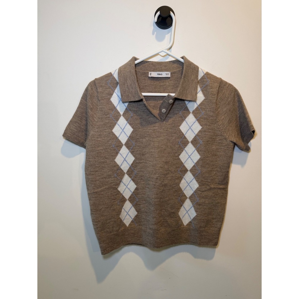 MNG Mango Women Brown Argyle Knit Short Sleeve Polo Sweater Size Small - Picture 2 of 7